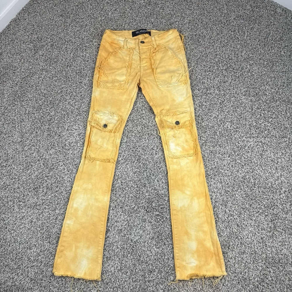 Valabasas Jeans Mens 28x34 Stacked Denim Flare Deconstructed Bleached Yellow